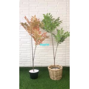 Pohon Artificial Daun Willow X2 Merah & Hijau Semilatex Cover Pot Rotan Bulat Dekorasi Kantor Aesthetic