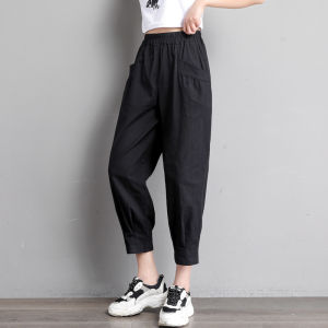 Ice Silk Wide-Leg Pants Cotton and Linen Capri Harem Pants Womens Summer Thin Loose-Fit Tappered Trousers Linen Slim-Looking Daddy Pants