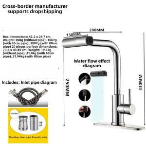Cold & Hot Water Mixing Kitchen Sink Faucet 304 Stainless Steel Flat Three-way