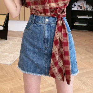 Shalldoer | Váy ngắn denim cạp cao thời trang cổ điển cho nữ mùa hè 2025 Váy ngắn chữ A dáng rộng màu trơn phong cách retro