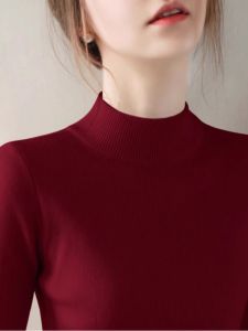Ankela Red Knitted Slim Fit Long Sleeve Half High Neck Base Shirt Womens Autumn Winter Inner Wear French Style Top