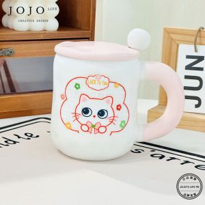 Ceramic Cup with Lid And Spoon High Aesthetic Value Simple Home Use Stackable Bedding Cartoon Cute Style 420ml Capacity