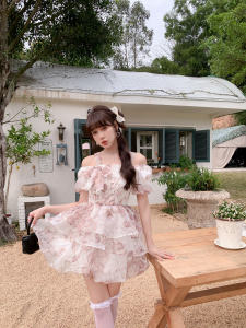 Original Design War Worn Rose Tie Dye Princess Bloom Skirt Slimming Short Dress Butterfly Knot High Waist A-Line Polyester Fabric