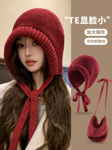 หมวกบาร์ลาคลาฟ่าถักนิตติ้งสีแดง หมวกผู้หญิง อบอุ่น ปกป้องหู ฤดูใบไม้ร่วง/ฤดูหนาว หมวกผ้าฝ้ายโพลีเอสเตอร์ ทรงกลม หมวกเด็ก