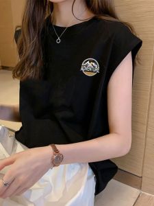 Summer Korean Style Loose Womens Tank Top Sleeveless Sporty Base Layer Trendy Brand plus Size Print All-Match Cotton Blend