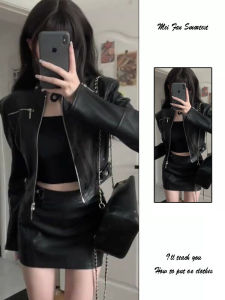 Black Motorcycle Jacket PU Leather Short Coat Womens Style 2024 Autumn New Hot Girl Design Sensation Small Audience