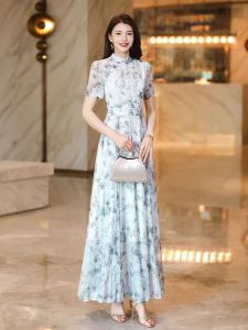 Elegant Chinese Style Summer Long Midi Dress Womens Fashion Print Chiffon Dress Ankle Length High Waist Short Sleeve Dress