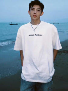 Áo Thun Cotton Tay Ngắn Mùa Hè Thường Ngày Dáng Rộng Cổ Tròn in Chữ Màu Trắng Thương Hiệu Thời Trang Mỹ Cho Nam