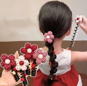 Red Polka Dot Flower Phone Cord Headband Girl High Ponytail Elastic Rubber Band Sweet Bow Sponge Hair Accessory