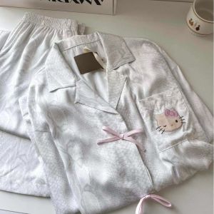 DSF Studio Cute Cartoon Kitty Short Sleeve Pajamas Womens Summer Thin Casual Loose Comfortable Shorts Loungewear Set