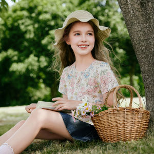 XIANGYING | Pure Cotton Printed Shirt Girls Loose Fit Short Sleeve