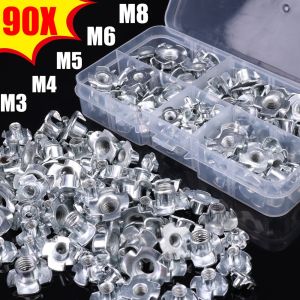 90Pcs/Box Galvanized Four-Claw T-Nut High Quality Carbon Steel Threaded Anchor Woodworking Insert Nut