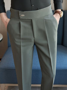 Neapolitan Mens Casual Straight Leg High Waist Autumn Pants Business Casual Long Trousers Polyester Viscose Spandex Blend