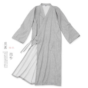 Pure Cotton Robe Long Home Clothes Sleepwear Bathrobe Ancient Style Loose Hanfu Thin Summer Nightgown Mens V-neck Belted