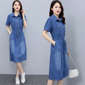 Short Sleeve Denim Dress Casual Waist Cinched Thin Medium Length A-Line Skirt Korean Style Spring Summer New Arrival Womens Clothing