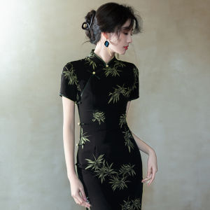 Áo Dài Giảm Cân Phong Cách Trung Quốc Thiết Kế Tre Đen Elegance
