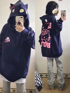 Áo Nỉ Trùm Đầu Thêu Kitty Hello Mùa Thu Đông Rộng Rãi Cho Nữ Áo Khoác Ngoài Thời Trang Thường Ngày Dài Tay Phong Cách Hàn Quốc