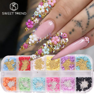 12 Grids Mix Acrylic Flower Nail Art Charms With Mini Steel Ball Colorful Floral Nail Art Rhinestones Manicure Decor Accessories