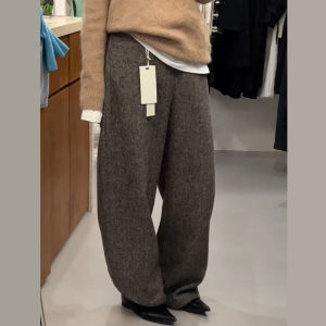 High Waist Wool Scythe Pants Womens Winter Loose Fit Arcuate Long Trousers Korean Style Commute Pear Shape Thin Model