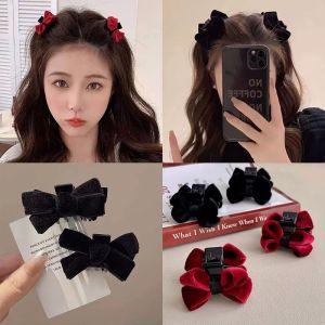 [Small Chrysanthemum] 2Pcs Black Red Bow Small Bangs Hair Clips Sweet Princess Velvet Bow Hairpins for Women Girls Kids Hair Accessories Daily Dressing Hair Claw