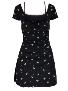 Váy Đen Tay Bồng Hoa Cổ Vuông Mới Mùa Hè Cho Nữ Váy Midi Cạp Cao Chi Tiết Xếp Ly Chất Liệu Khác 100% Thương Hiệu Không Có