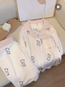 ผู้หญิง Island Velvet ชุดนอน ชุดบาง ผ้าขนแกะ ฤดูใบไม้ร่วง ฤดูหนาว เสื้อผ้าใส่ในบ้าน หวาน ชุดนอนสไตล์แขนยาวติดกระดุมขึ้น