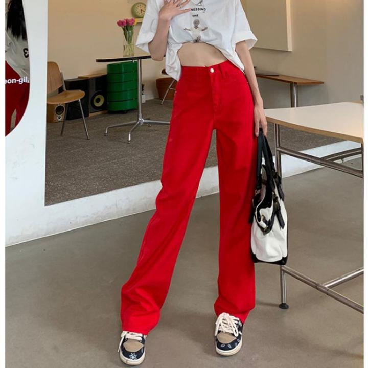 Red Baggy Jeans Women Korean Style Basic Wide Leg Denim High Waist Trousers  