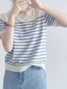 ของแท้ ฤดูร้อน ใหม่คอกลม ลายทาง Ice ผ้าไหม เสื้อยืดแขนสั้นผู้หญิงแฟชั่นลดอายุ พรางหุ่น เสื้อท่อนบน เสื้อผ้าคุณภาพ