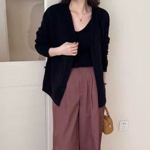 Loose V-Neck Knitted Open Cardigan Top Womens Style Early Autumn Long Sleeve Solid Color Korean Version Two-Piece Set