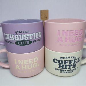 Large Capacity Ceramic Mugs 3D Relief Engraving Personalized English Plant Phrases Microwave Safe Water Cups American Style