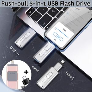 Portable USB Flash Drive 1TB 4 in 1 Push Pull Metal Flash Drive Waterproof High Speed Pendrive For iPhone External Storage Devices