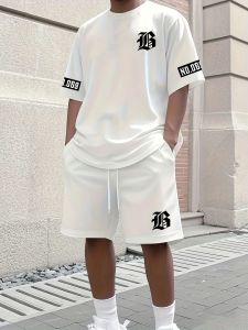 Hot selling summer new mens set with letter print casual fashion T-shirt short sleeved shorts sports outdoor set