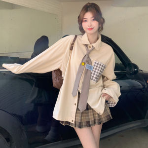 (Dasi+Lencana) Kemeja Korduroi Wanita Lengan Panjang Terbaru Atasan Wanita Korean Style Fashion Loose Corduroy Kotak-kotak Polo Shirt