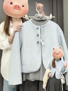 Blue Classic Style Small 2024 Winter Minimalist Elegant Drop Shoulder Short Woolen Overcoat Spring & Fall Woolen Outwear