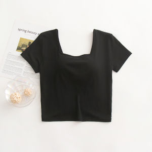 Sannie Coran Womens Short Sleeve T-Shirt with Built-In Bra One-Piece Full Back Beauty Black Slimming Base Layer Top