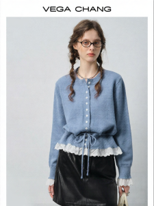 VEGA CHANG | Áo Sweater Len Dệt Cáp Màu Xanh cho Phụ Nữ Mùa Thu Cổ Tròn Cardigan có Dây Kéo Kết Hợp Tay Dài