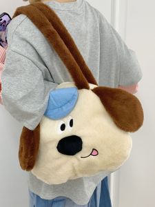 กระเป๋าถือหนังสัตว์นุ่มลายสุนัขสุดน่ารัก ความจุขนาดใหญ่ กระเป๋าสะพายไหล่แบบผูกโบว์ กระเป๋าถือแบบลำลองสำหรับฤดูใบไม้ร่วงและฤดูหนาวปี 2024