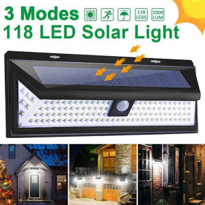 Solar Wall Light Motion Sensor Outdoor LED Lamp Waterproof 118LED Solar Powered 3 Modes for Porch Balcony Countyard Fence Decor