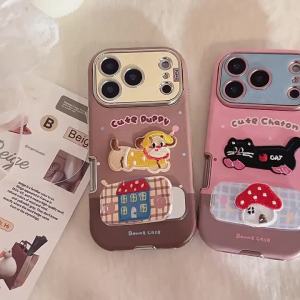 Korean Cartoon Embroidery Kitten Leather Texture Fold Mirror Phone Case For iPhone 17 16 15 14 13 12 11 Pro Max Shockproof Cover