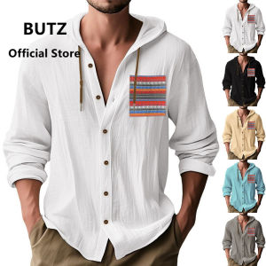 BUTZ brand 2025 summer new mens bohemian style cotton linen casual breathable loose hooded long sleeved shirt