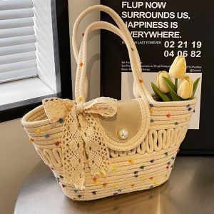 กระเป๋าถือถักลายดอกไม้แบบสะพายข้างสำหรับฤดูร้อน กระเป๋าถือทรงตัว Tote กระเป๋าถือผ้าไนลอนขนาดใหญ่สำหรับผู้หญิง