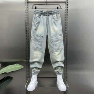 Thời Trang Mùa Hè Nam Màu Xanh Nhạt Rộng Rãi Vòng Bít Chân Thẳng Xẻ Tà Quần Jean Phong Cách Hàn Quốc Trẻ Trung Quần Ống Rộng Thoải Mái Harlan Jogger Denim