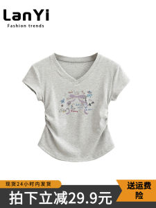 Lan Yi American Style Sweet And Spicy Short Sleeve T-Shirt Womens Slim Fit Design Sense Drawstring Summer New Arrival