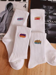 Trendy Mens Long Socks Four Seasons Embroidery Graffiti Letter No-Cuff Skateboarding Cotton Mid-Calf Socks Street Style