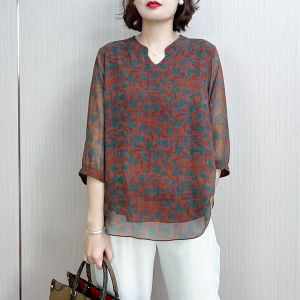 Floral Print Midi Sleeve Silk Chiffon Top Women Loose Fitting Spring Summer New Style Office Lady Half Open Collar Regular Length