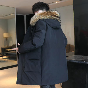 Winter New Cotton Coat Mens Mid Length Long Length K-style Trendy Fur Collar Warm down Cotton Jacket Workwear Cotton-Padded Jacket Fashion Brand Coat