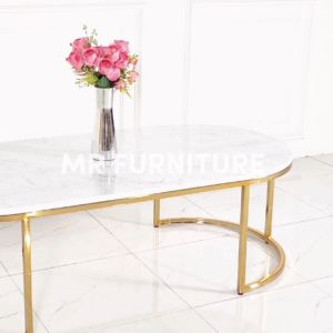 meja tamu top marmer oval putih carrara gold stainless