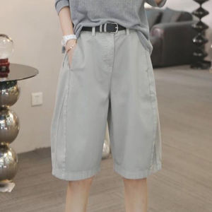 Shalldoer | Summer Thin High Waist Solid Color Five-Quarter Casual Pants Womens Loose Wide Leg Workwear Trousers Fashionable All-Match Pocket Design