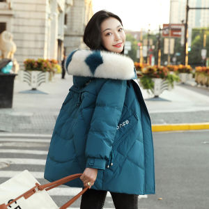 Womens Fashionable White Duck down Jacket Hooded Mid-Length Winter Coat Korean Style Commute Polyester Zipper Long Sleeve
