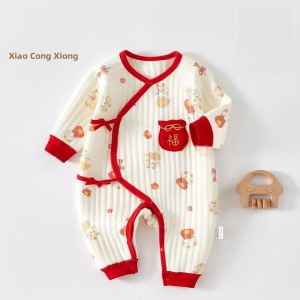 SHIPAILUO | Newborn Baby Cotton Romper Autumn Winter Warm Clothes Full Moon Ceremony Outfit Baby Clothes Butterfly Style Long Sleeve Cotton Romper